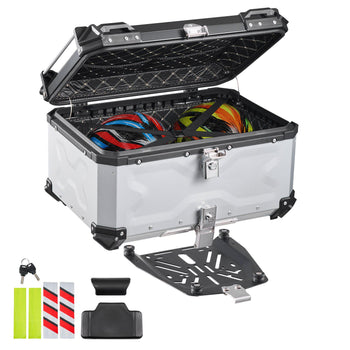 Motorcycle Top Case, 65L Universal Aluminum Hard Motorcycle Tail Case, Waterproof Detachable Motorbike Top Box with Security Lock & Leather Liner for Helmets Storage