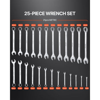 Combination Wrench Set, 25-Piece Open End Wrench Set with Roll-up Pouch, Carbon Steel Wrench Set  Metric 6 mm to 32 mm, Ideal for General Household, Garage, Workshop, Auto Repairs, Emergency