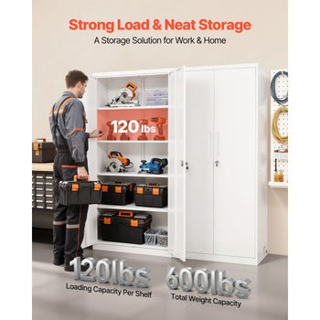 Metal Storage Cabinet, 68.9 in Lockable Steel Garage Cabinet with 4 Adjustable Shelves, 2 Magnetic Doors, 2 Keys, 5 Tiers Tool Storage for Pantry, Warehouse, Basement, Laundry, Office, White