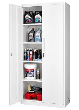 Metal Storage Cabinet, 68.9 in Lockable Steel Garage Cabinet with 4 Adjustable Shelves, 2 Magnetic Doors, 2 Keys, 5 Tiers Tool Storage for Pantry, Warehouse, Basement, Laundry, Office, White