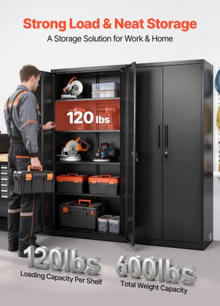 Metal Storage Cabinet, 68.9 in Lockable Steel Garage Cabinet with 4 Adjustable Shelves, 2 Magnetic Doors, 2 Keys, 5 Tiers Tool Storage for Pantry, Warehouse, Basement, Laundry, Office, Black