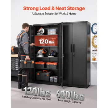Metal Storage Cabinet, 68.9 in Lockable Steel Garage Cabinet with 4 Adjustable Shelves, 2 Magnetic Doors, 2 Keys, 5 Tiers Tool Storage for Pantry, Warehouse, Basement, Laundry, Office, Black