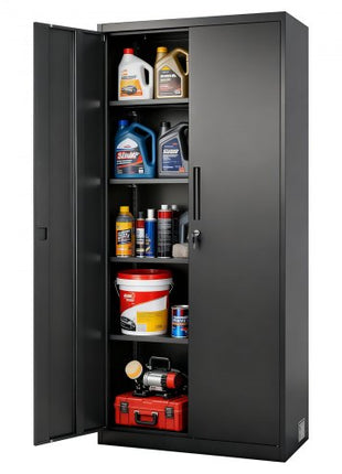 Metal Storage Cabinet, 68.9 in Lockable Steel Garage Cabinet with 4 Adjustable Shelves, 2 Magnetic Doors, 2 Keys, 5 Tiers Tool Storage for Pantry, Warehouse, Basement, Laundry, Office, Black