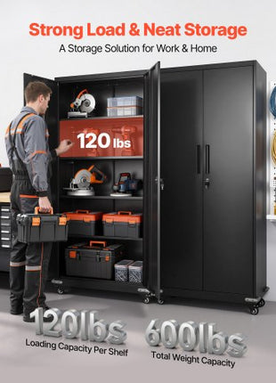 Metal Storage Cabinet, 72.6 in Rolling Steel Garage Cabinet with 4 Adjustable Shelves, 2 Magnetic Doors & 2 Keys, 5 Tiers Lockable Tool Storage for Pantry, Warehouse, Basement, Office, Black