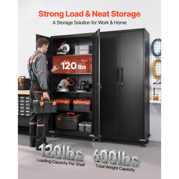Metal Storage Cabinet, 72.6 in Rolling Steel Garage Cabinet with 4 Adjustable Shelves, 2 Magnetic Doors & 2 Keys, 5 Tiers Lockable Tool Storage for Pantry, Warehouse, Basement, Office, Black