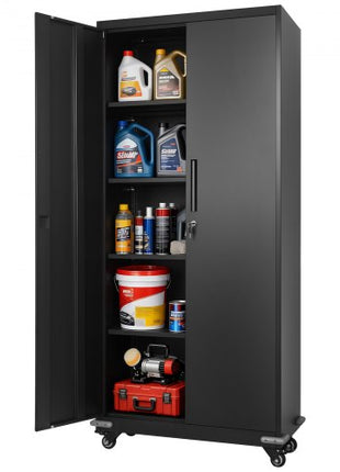Metal Storage Cabinet, 72.6 in Rolling Steel Garage Cabinet with 4 Adjustable Shelves, 2 Magnetic Doors & 2 Keys, 5 Tiers Lockable Tool Storage for Pantry, Warehouse, Basement, Office, Black