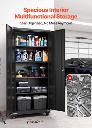 Metal Storage Cabinet, 72.6 in Rolling Steel Garage Cabinet with 4 Adjustable Shelves, 2 Magnetic Doors & 2 Keys, 5 Tiers Lockable Tool Storage for Pantry, Warehouse, Basement, Office, Black