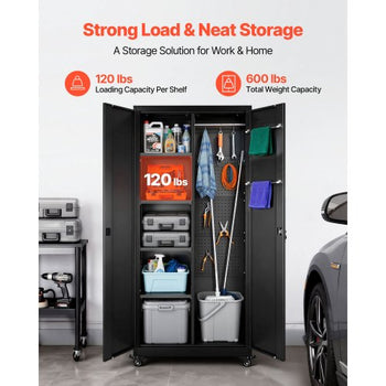 Metal Storage Cabinet, 70.6 in Rolling Steel Garage Cabinet with Adjustable Shelves, 2 Magnetic Doors, Hanging Rod & 3 Rod Hooks, 5 Tiers Lockable Tool Storage for Pantry, Warehouse, Basement