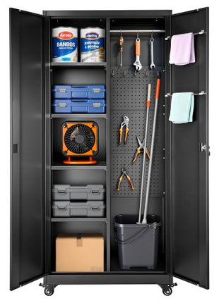 Metal Storage Cabinet, 70.6 in Rolling Steel Garage Cabinet with Adjustable Shelves, 2 Magnetic Doors, Hanging Rod & 3 Rod Hooks, 5 Tiers Lockable Tool Storage for Pantry, Warehouse, Basement