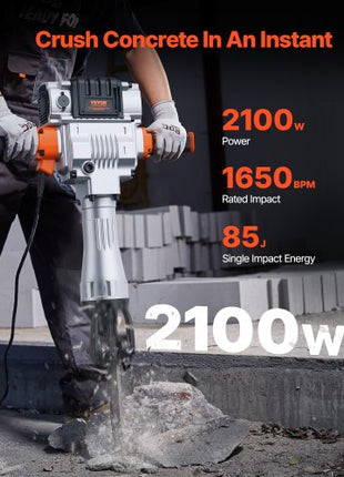 Demolition Jack Hammer, 2100W Electric Jackhammer Heavy Duty, 1650 BPM Industrial-Grade Jack Hammer Concrete Breaker, with 1 Point Chisel, 1 Flat Chisel, Gloves and Goggles