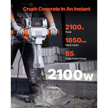Demolition Jack Hammer, 2100W Electric Jackhammer Heavy Duty, 1650 BPM Industrial-Grade Jack Hammer Concrete Breaker, with 1 Point Chisel, 1 Flat Chisel, Gloves and Goggles