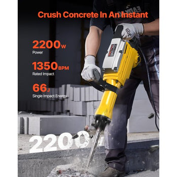 Demolition Jack Hammer, 2200W Electric Jackhammer Heavy Duty, 1350 BPM Jack Hammer Concrete Breaker, with 1 Point Chisel, 1 Flat Chisel, Storage Case, Gloves and Goggles, for Demolition