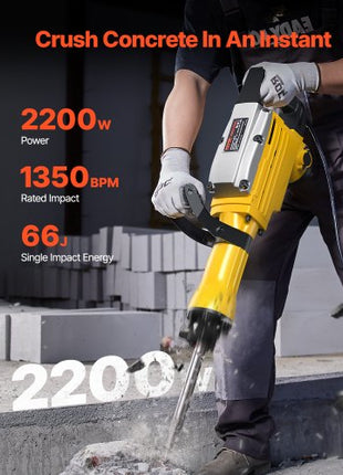 Demolition Jack Hammer, 2200W 1350 BPM Jack Hammer Concrete Breaker, Heavy Duty Electric Jack Hammer 4pcs Chisels Bit with Gloves, 360° Swiveling Front Handle for Trenching and Breaking Holes