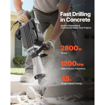 Demolition Jack Hammer, 2800 W Powerful Electric Jackhammer, 1200 BPM Concrete Breaker with a Point Chisel, a Flat Chisel, Carrying Case, Gloves, for Concrete, Wall, Brick, Tile and Foundation