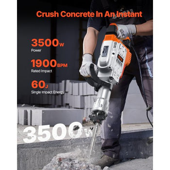 Demolition Jack Hammer, 3500W Jack Hammer Concrete Breaker, 2pcs Chisel with Gloves & 360°C Swiveling Front Handle for Trenching, 1900 BPM Heavy Duty Electric Jack Hammer, Black