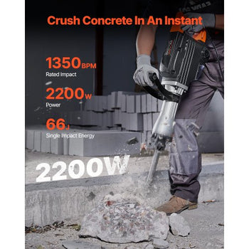 Demolition Jack Hammer, 2200W Electric Jackhammer Heavy Duty, 1350 BPM Concrete Breaker, 2pcs Chisels Bit Chipping with Case, Black