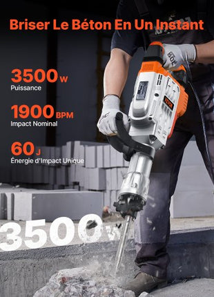 Demolition Jack Hammer, 3500W Jack Hammer Concrete Breaker, 1900 BPM Heavy Duty Electric Jack Hammer, 2pcs Chisel with Gloves & 360°C Swiveling Front Handle for Trenching and Breaking Holes