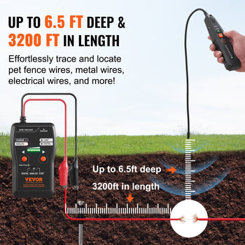 VEVOR digital wire tracer, black and orange, detects wires up to 6.5ft deep and 3200ft long. Ideal for pet fences and metal wires.