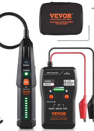 VEVOR wire tracker tool set, featuring digital and analog modes, includes red and black lead wires, green LED display, and carrying case.