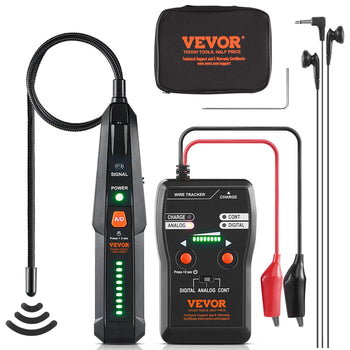 VEVOR wire tracker tool set, featuring digital and analog modes, includes red and black lead wires, green LED display, and carrying case.