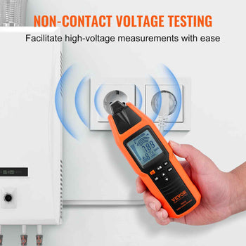 Non-contact voltage tester in orange and black, featuring LCD display for easy high-voltage measurements.