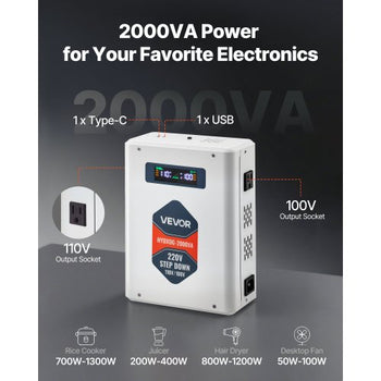 Step Down Voltage Converter, 2000VA, Heavy Duty Voltage Power Converter, 220V to 110V Power Transformer, with 2 US Outlets, USB Output, LCD Display, Temperature Protection, for 110V Appliances