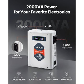 Step Up Voltage Converter, 2000VA, Heavy Duty Voltage Power Converter, 110V to 220V Power Transformer, with 2 EU Outlets, USB Output, LCD Display, Temperature Protection, for 220V Appliances