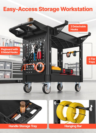 Utility Cart, 550 lbs Capacity, 2 Tier Service Cart with 360° Swivel & Fixed Wheels (2 with Brakes), Heavy Duty Plastic Rolling with Tray and Pegboard, Tool Storage for Garage Warehouse Workshop