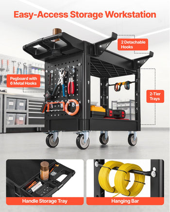 Utility Cart, 550 lbs Capacity, 2 Tier Service Cart with 360° Swivel & Fixed Wheels (2 with Brakes), Heavy Duty Plastic Rolling with Tray and Pegboard, Tool Storage for Garage Warehouse Workshop