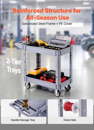 Utility Cart, 550 lbs Capacity, 2 Tier Service Cart with 360° Swivel & Fixed Wheels (2 with Brakes), Heavy Duty Plastic Rolling with Storage Tray, Tool Storage for Garage Warehouse Workshop