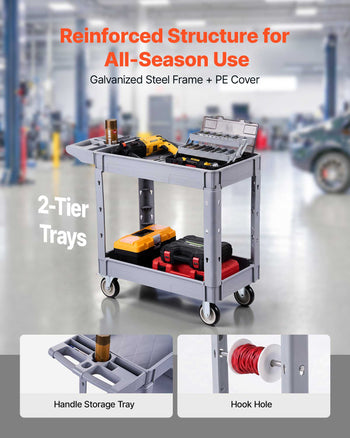 Utility Cart, 550 lbs Capacity, 2 Tier Service Cart with 360° Swivel & Fixed Wheels (2 with Brakes), Heavy Duty Plastic Rolling with Storage Tray, Tool Storage for Garage Warehouse Workshop