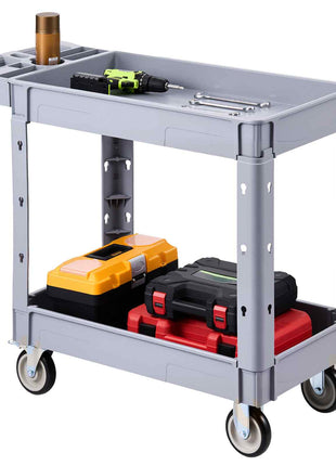 Utility Cart, 550 lbs Capacity, 2 Tier Service Cart with 360° Swivel & Fixed Wheels (2 with Brakes), Heavy Duty Plastic Rolling with Storage Tray, Tool Storage for Garage Warehouse Workshop