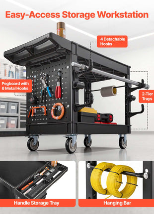 Utility Cart, 550 lbs Capacity, 2 Tier Service Cart with 360° Swivel & Fixed Wheels (2 with Brakes), Heavy Duty Plastic Rolling with Tray and Pegboard, Tool Storage for Garage Warehouse, Black