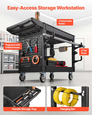 Utility Cart, 550 lbs Capacity, 2 Tier Service Cart with 360° Swivel & Fixed Wheels (2 with Brakes), Heavy Duty Plastic Rolling with Tray and Pegboard, Tool Storage for Garage Warehouse, Black