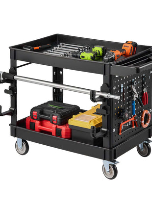 Utility Cart, 550 lbs Capacity, 2 Tier Service Cart with 360° Swivel & Fixed Wheels (2 with Brakes), Heavy Duty Plastic Rolling with Tray and Pegboard, Tool Storage for Garage Warehouse, Black