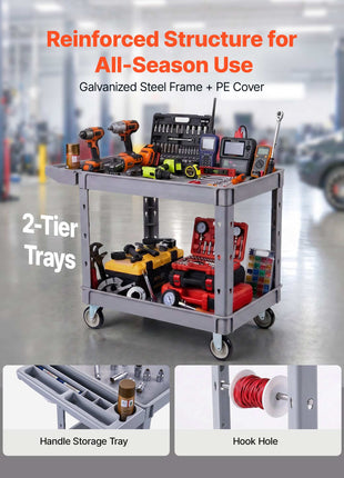 Utility Cart, 550 lbs Capacity, 2 Tier Service Cart with 360° Swivel & Fixed Wheels (2 with Brakes), Heavy Duty Plastic Rolling with Storage Tray, Tool Storage for Garage Warehouse Workshop Gray