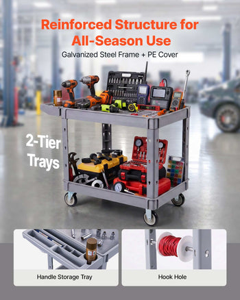 Utility Cart, 550 lbs Capacity, 2 Tier Service Cart with 360° Swivel & Fixed Wheels (2 with Brakes), Heavy Duty Plastic Rolling with Storage Tray, Tool Storage for Garage Warehouse Workshop Gray