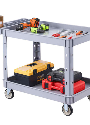 Utility Cart, 550 lbs Capacity, 2 Tier Service Cart with 360° Swivel & Fixed Wheels (2 with Brakes), Heavy Duty Plastic Rolling with Storage Tray, Tool Storage for Garage Warehouse Workshop Gray
