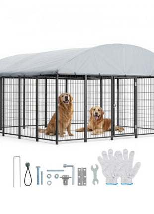 Outdoor Dog Kennel, 9.8 x 9.8 x 5.4 ft Large Dog Kennel with Secure Lock, Outside Dogs Enclosures with UV-Resistant & Waterproof Roof Cover, Heavy Duty Pet Crate Cage Run for Large Dogs