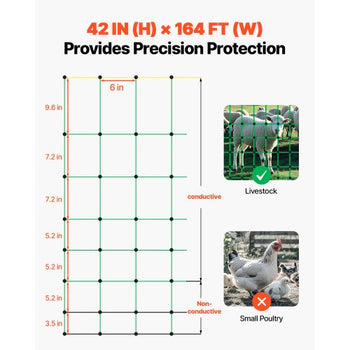 Electric Fence Netting, 42 in (H) x 164 ft (L), PE Net Fencing with Posts & Double-Spiked Stakes, Utility Portable Electric Fence for Pigs, Cows, Sheep, Deer, Used in Backyards, Farms, Ranches