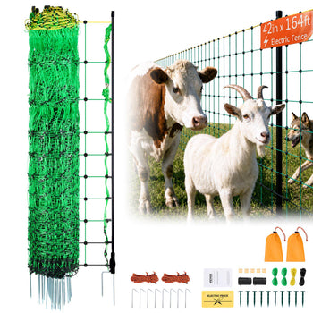 Electric Fence Netting, 42 in (H) x 164 ft (L), PE Net Fencing with Posts & Double-Spiked Stakes, Utility Portable Electric Fence for Pigs, Cows, Sheep, Deer, Used in Backyards, Farms, Ranches