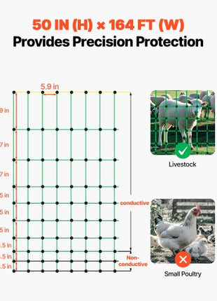 Electric Fence Netting, 50" H x 164' L, Livestock Net Fencing with Posts & Stakes, Portable Mesh Nets for Goats, Sheep, Deer, Hogs, Dogs, Electric Fencing for Backyards, Gardens, Farms, Ranches