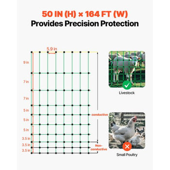 Electric Fence Netting, 50" H x 164' L, Livestock Net Fencing with Posts & Stakes, Portable Mesh Nets for Goats, Sheep, Deer, Hogs, Dogs, Electric Fencing for Backyards, Gardens, Farms, Ranches