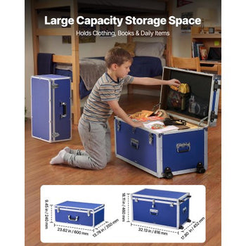 Metal Storage Trunk, Set of 2, Wooden Suitcase Storage Boxes with Padlocks, Large Trunk Includes Casters & 3 Metal Handles, Decorative Store Chest with Lids for Travel, Apartment, Dorm, Blue