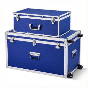 Metal Storage Trunk, Set of 2, Wooden Suitcase Storage Boxes with Padlocks, Large Trunk Includes Casters & 3 Metal Handles, Decorative Store Chest with Lids for Travel, Apartment, Dorm, Blue