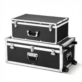 Metal Storage Trunk, Set of 2, Wooden Suitcase Storage Boxes with Padlocks, Large Trunk Includes Casters and 3 Metal Handles, Decorative Store Chest with Lids for Travel, Apartment, Dorm, Black
