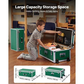 Metal Storage Trunk, Set of 2, Wooden Suitcase Storage Boxes with Padlocks, Large Trunk Includes Casters and 3 Metal Handles, Decorative Store Chest with Lids for Travel, Apartment, Dorm, Green
