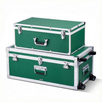 Metal Storage Trunk, Set of 2, Wooden Suitcase Storage Boxes with Padlocks, Large Trunk Includes Casters and 3 Metal Handles, Decorative Store Chest with Lids for Travel, Apartment, Dorm, Green