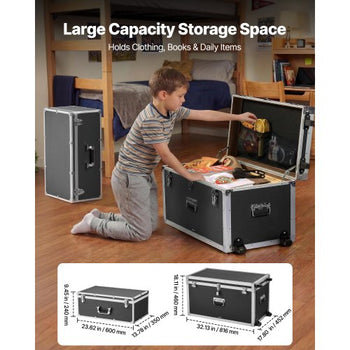 Metal Storage Trunk, Set of 2, Wooden Suitcase Storage Boxes with Padlocks, Large Trunk Includes Casters & 3 Metal Handles, Decorative Store Chest with Lids for Travel, Apartment, Dorm, Black