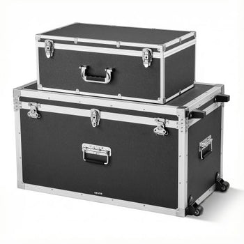 Metal Storage Trunk, Set of 2, Wooden Suitcase Storage Boxes with Padlocks, Large Trunk Includes Casters & 3 Metal Handles, Decorative Store Chest with Lids for Travel, Apartment, Dorm, Black
